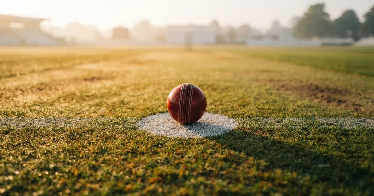 A ball on the centre spot of a grass pitch in morning light