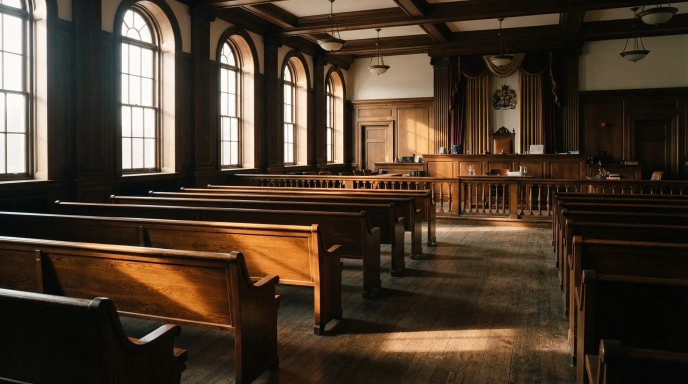 An empty courtroom with wooden benches in morning light