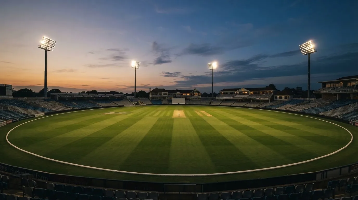 An empty football stadium with floodlight masts at dusk
