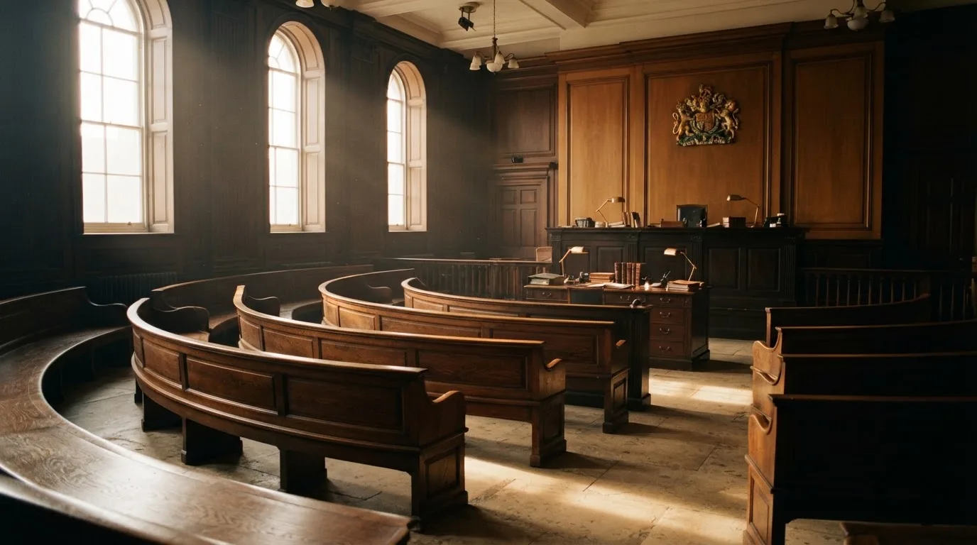 An empty courtroom with wooden benches in morning light