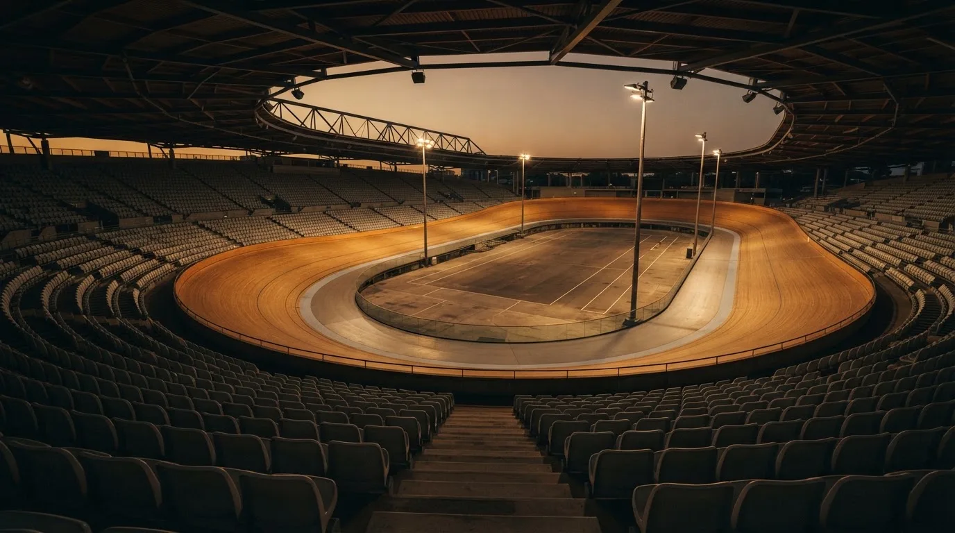 An empty football stadium with floodlight masts at dusk
