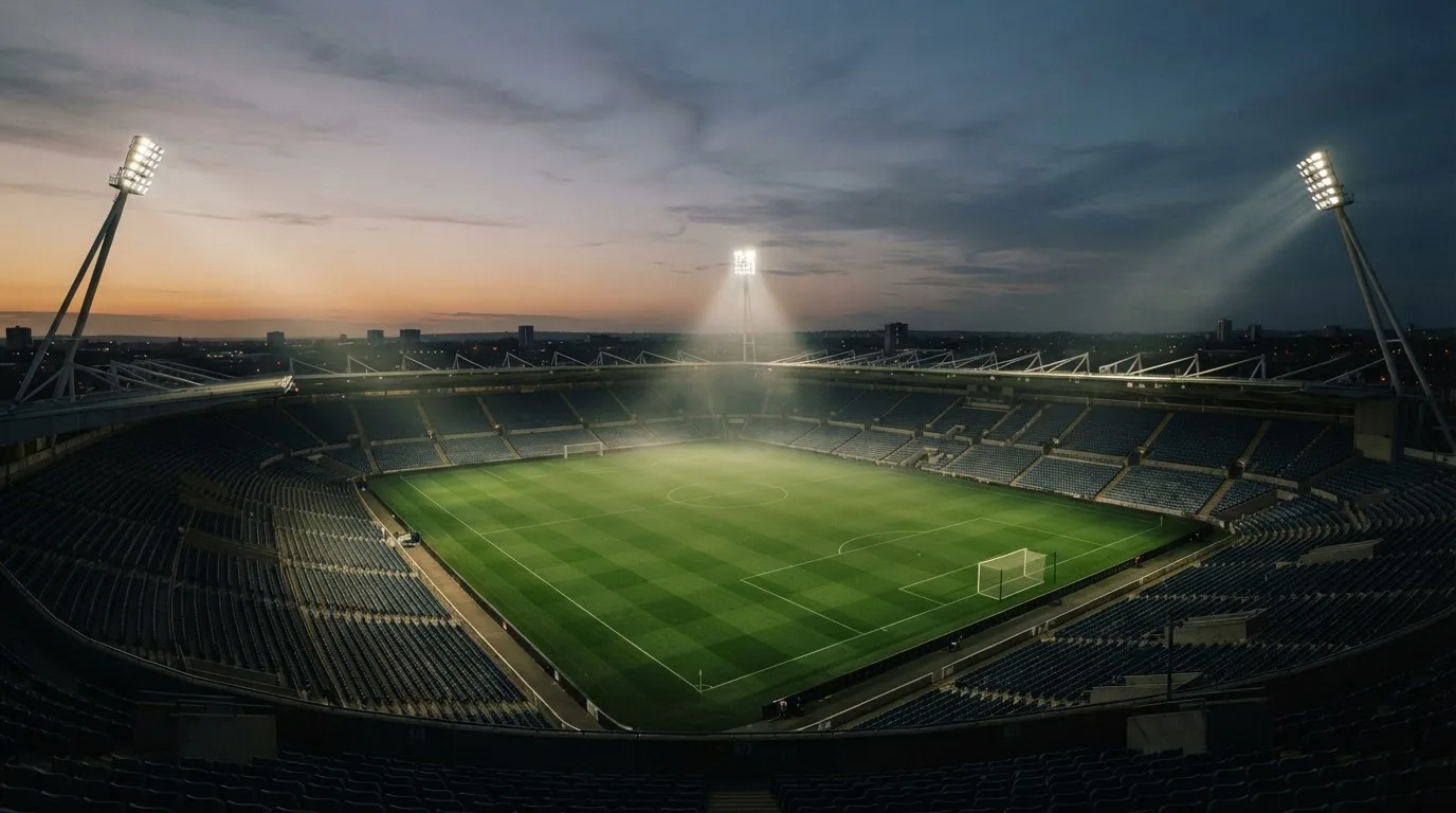 An empty football stadium with floodlight masts at dusk