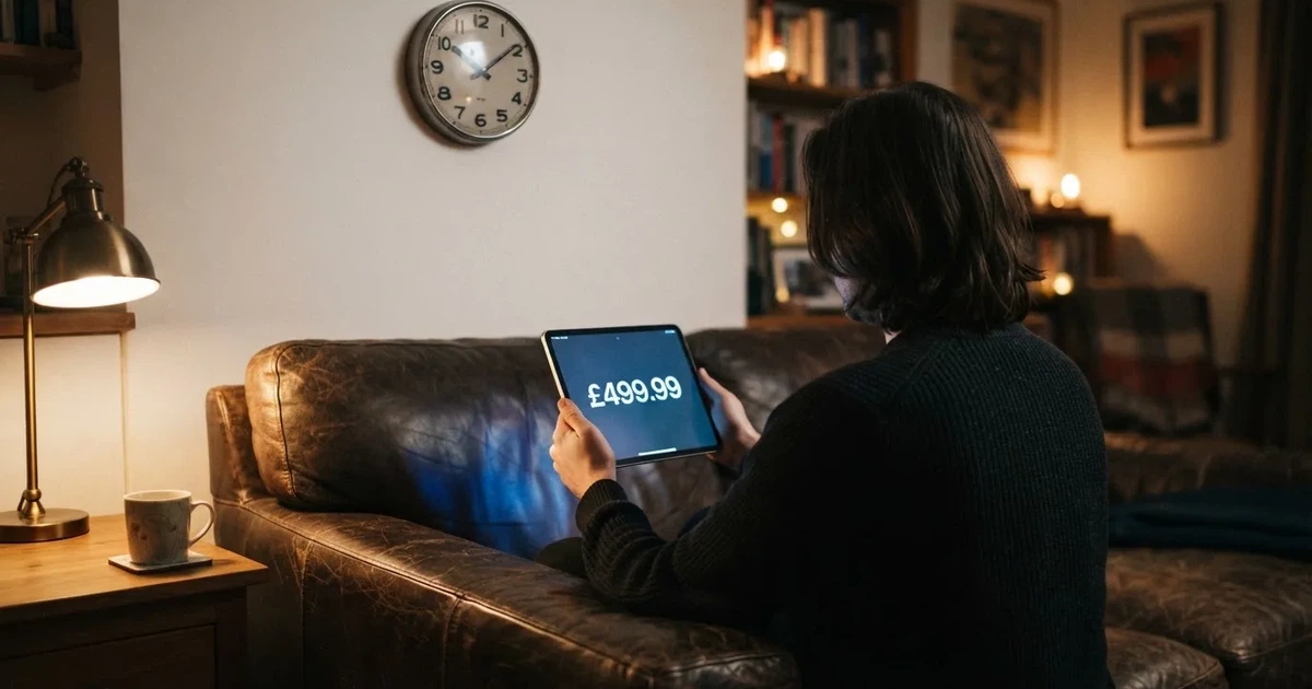 A person on a sofa looking thoughtfully at a tablet, a wall clock in the background