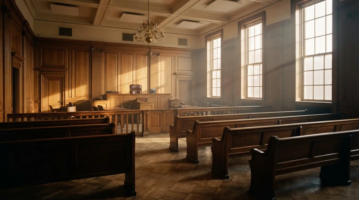 An empty courtroom with wooden benches in morning light