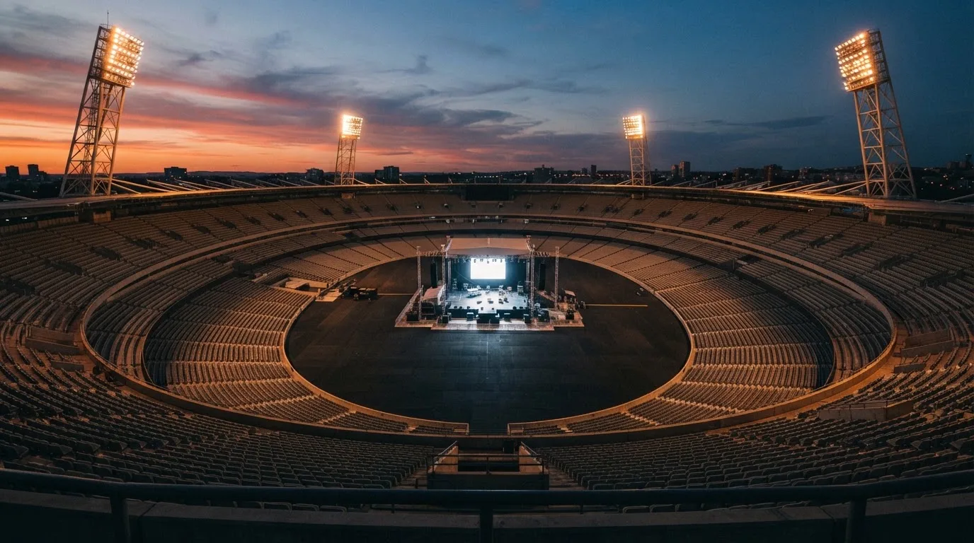 An empty football stadium with floodlight masts at dusk