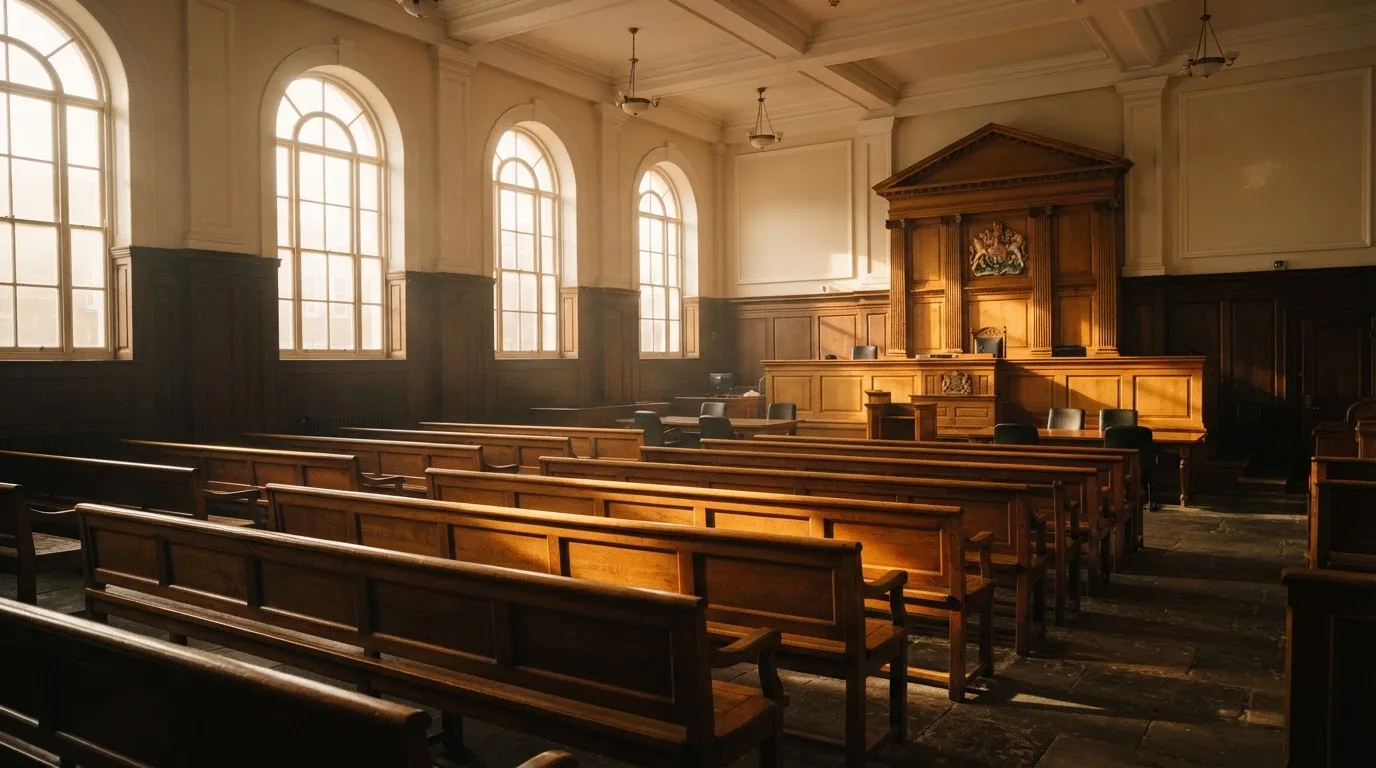 An empty courtroom with wooden benches in morning light