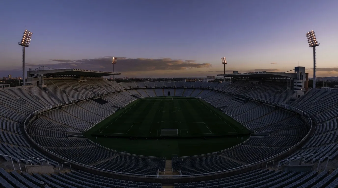 An empty football stadium with floodlight masts at dusk