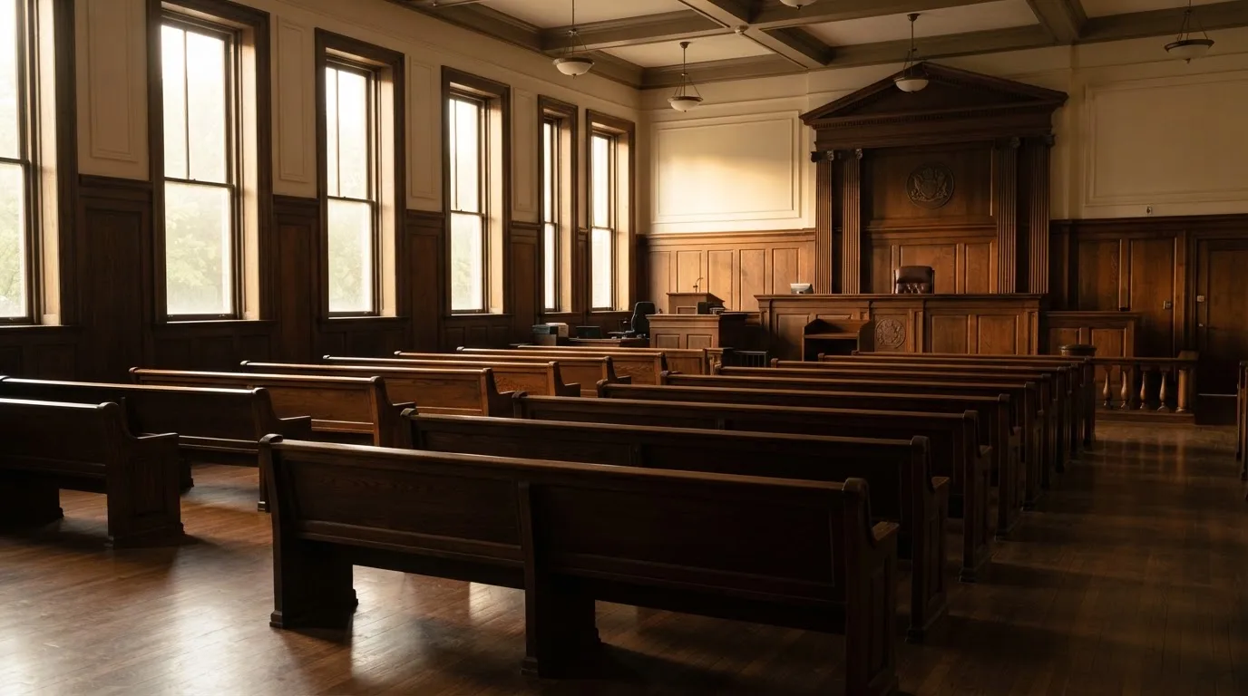 An empty courtroom with wooden benches in morning light