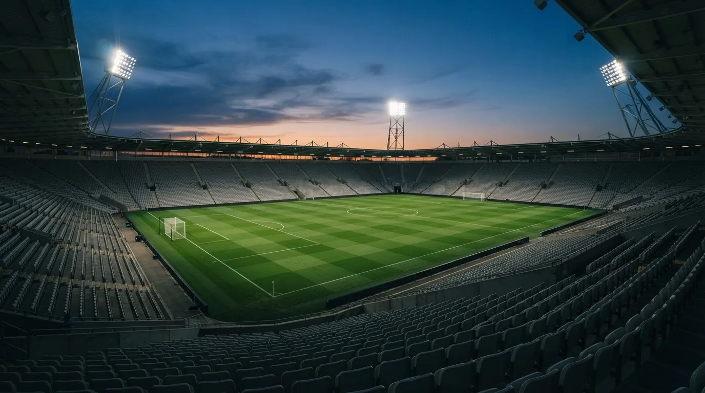An empty football stadium with floodlight masts at dusk