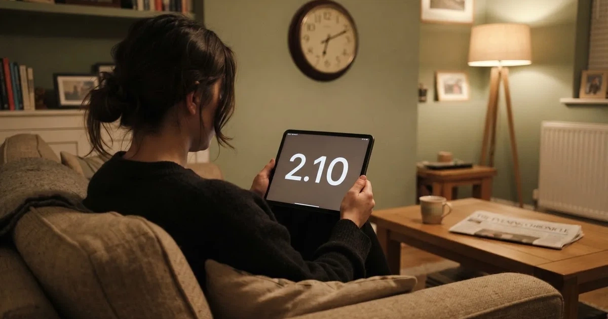 A person on a sofa looking thoughtfully at a tablet, a wall clock in the background