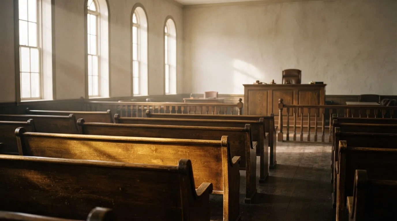 An empty courtroom with wooden benches in morning light