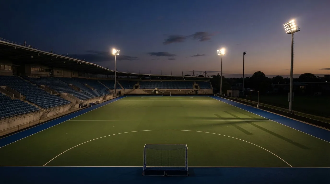 An empty football stadium with floodlight masts at dusk