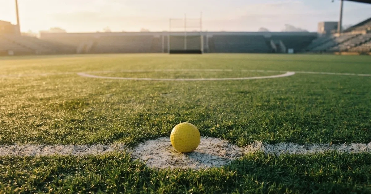 A ball on the centre spot of a grass pitch in morning light