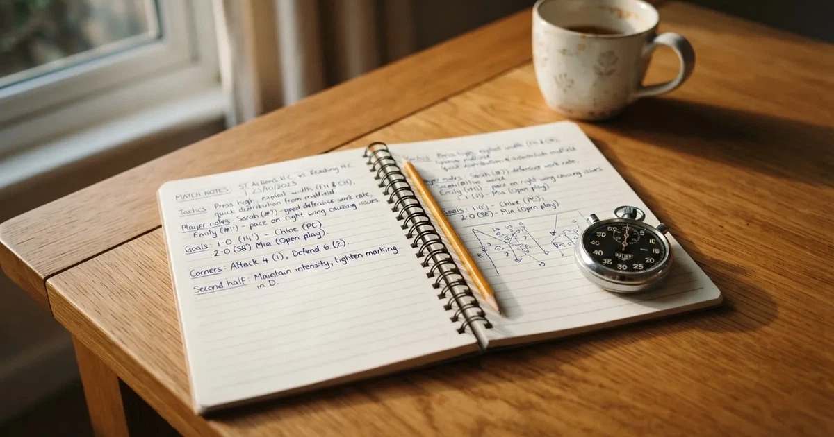 An open notebook with a pencil and a stopwatch on a wooden table