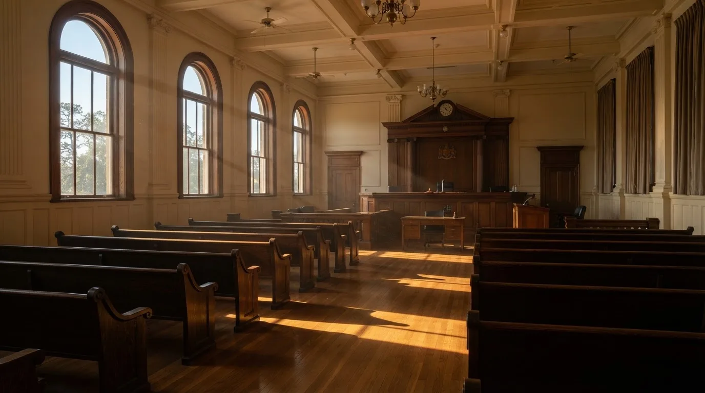 An empty courtroom with wooden benches in morning light