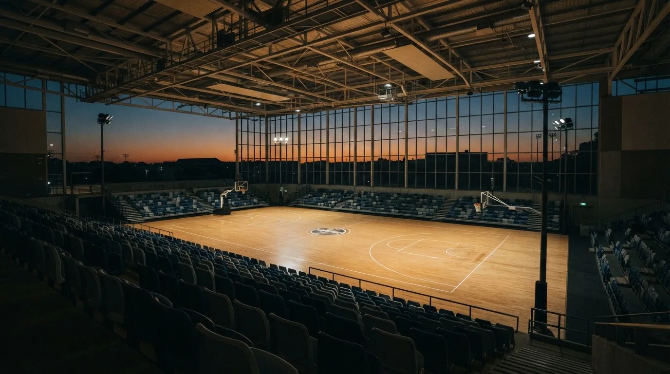 An empty football stadium with floodlight masts at dusk