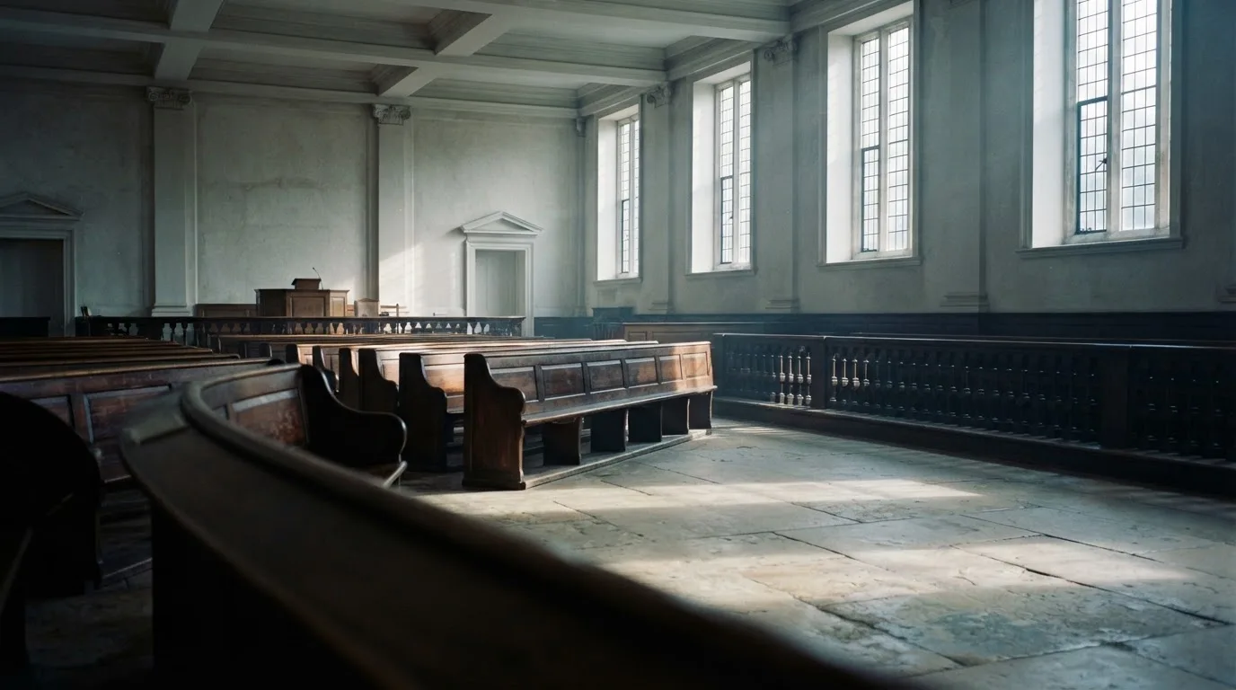 An empty courtroom with wooden benches in morning light