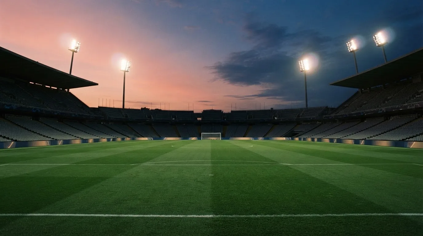 An empty football stadium with floodlight masts at dusk