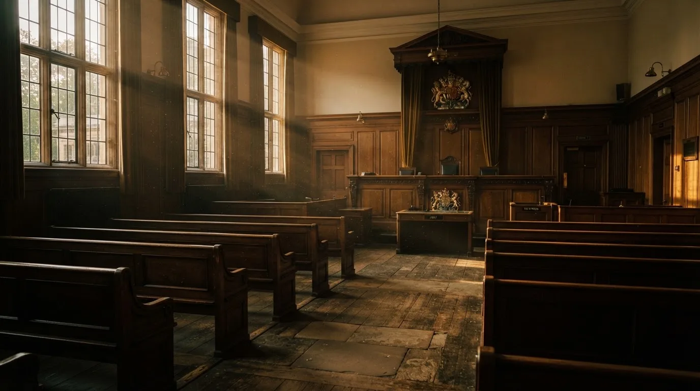 An empty courtroom with wooden benches in morning light