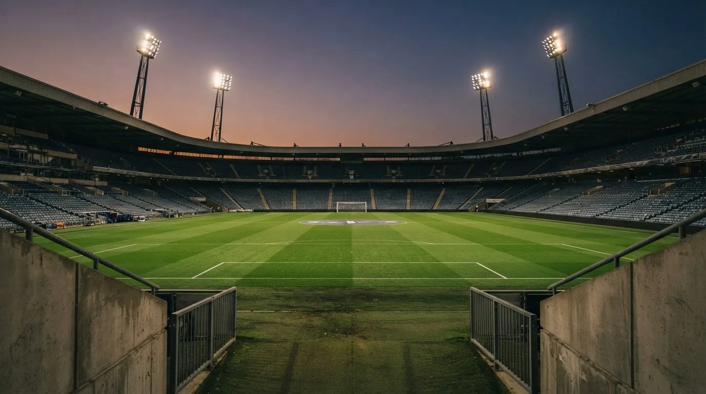 An empty football stadium with floodlight masts at dusk