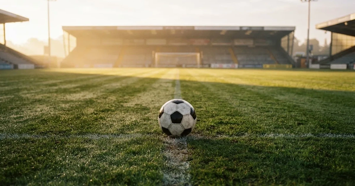 A ball on the centre spot of a grass pitch in morning light