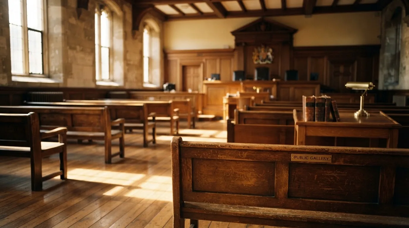 An empty courtroom with wooden benches in morning light