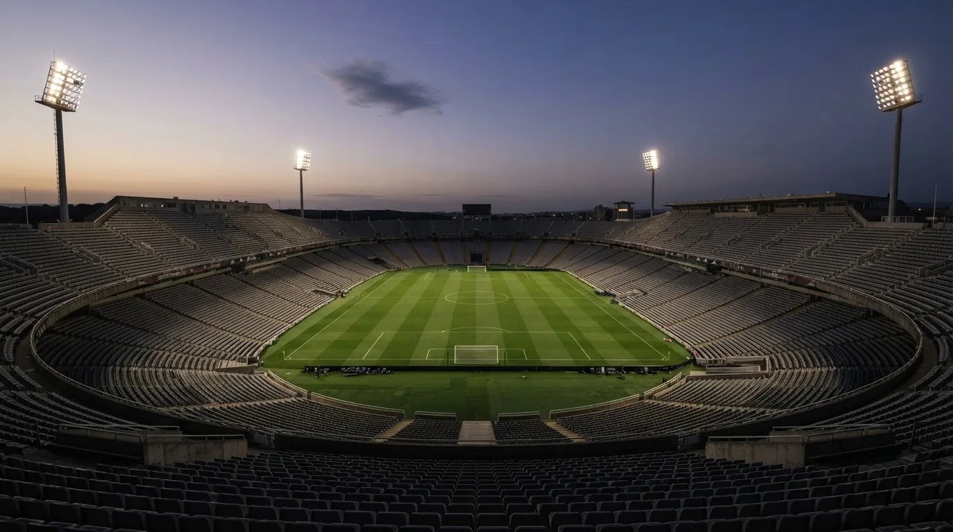 An empty football stadium with floodlight masts at dusk
