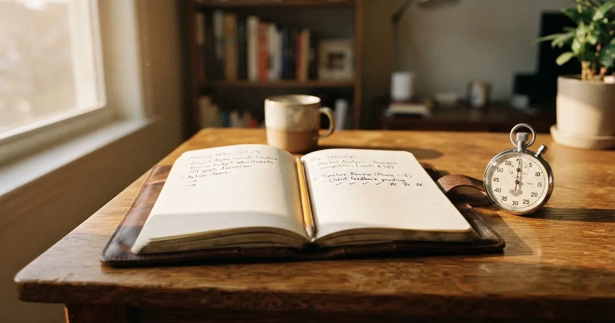 An open notebook with a pencil and a stopwatch on a wooden table