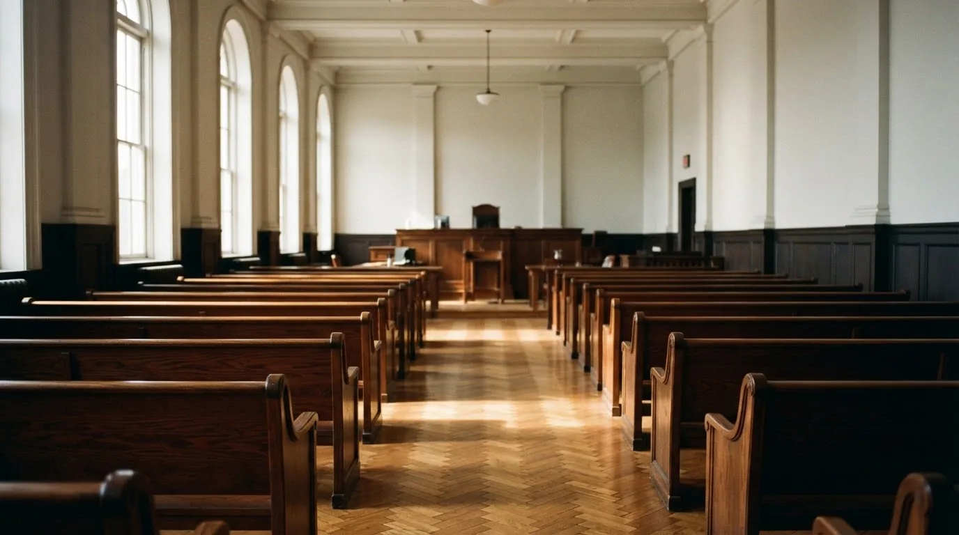 An empty courtroom with wooden benches in morning light
