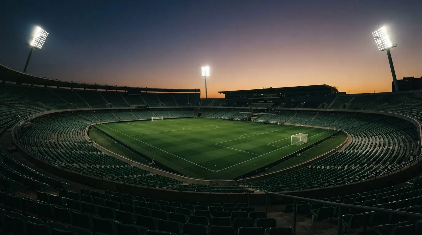 An empty football stadium with floodlight masts at dusk