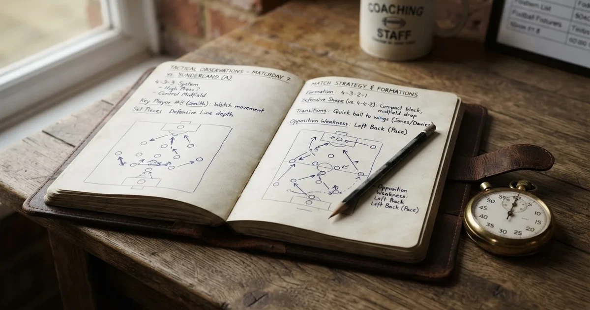 An open notebook with a pencil and a stopwatch on a wooden table