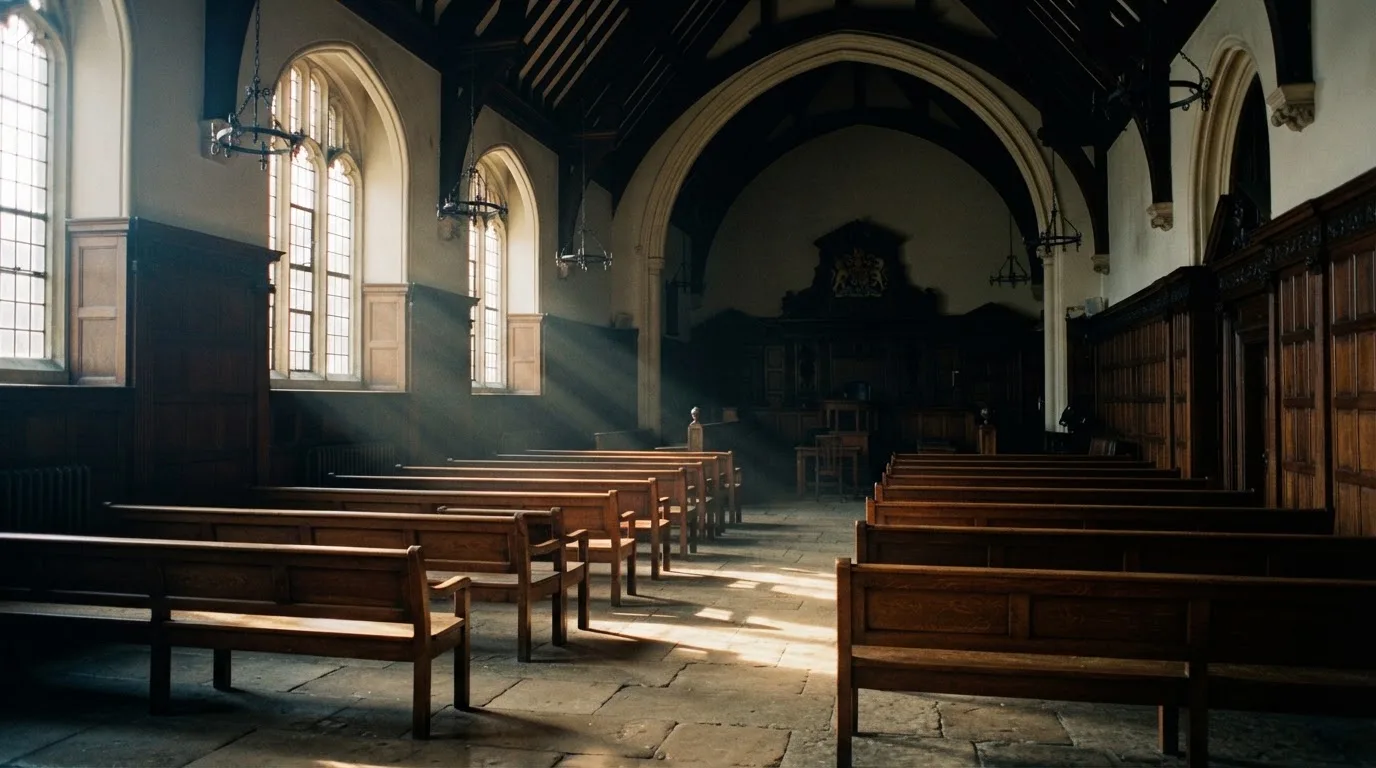 An empty courtroom with wooden benches in morning light