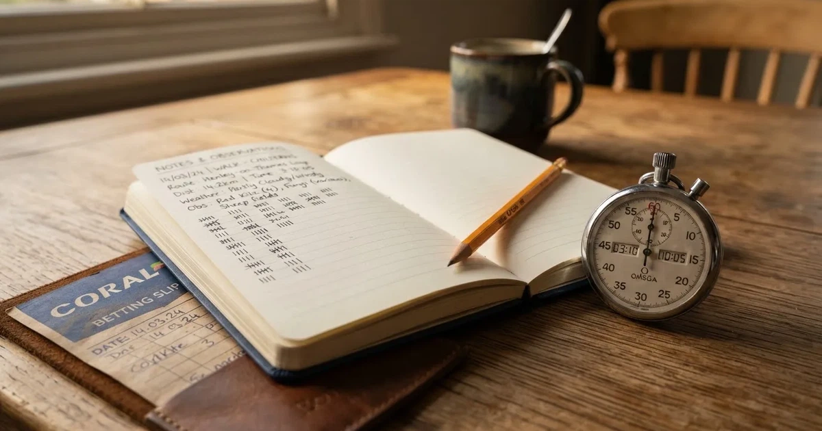 An open notebook with a pencil and a stopwatch on a wooden table