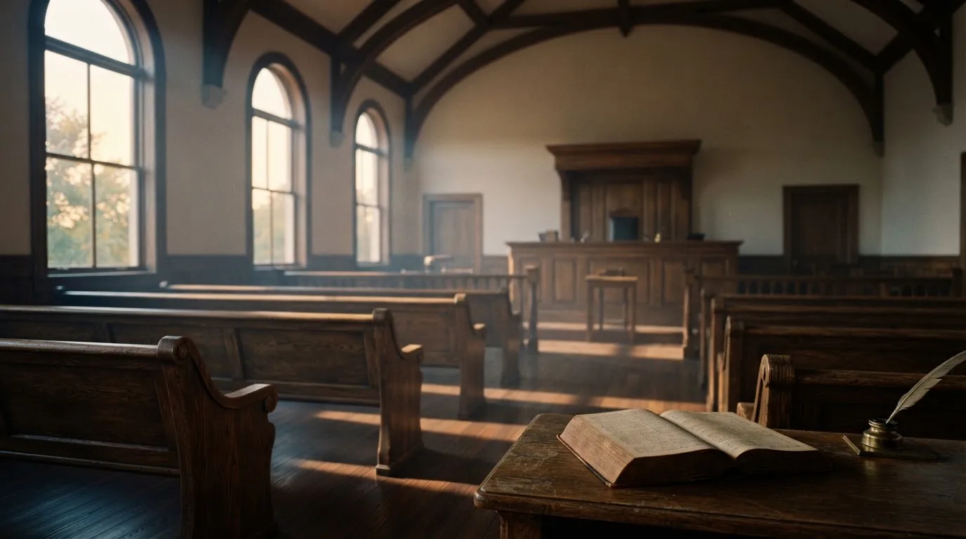 An empty courtroom with wooden benches in morning light