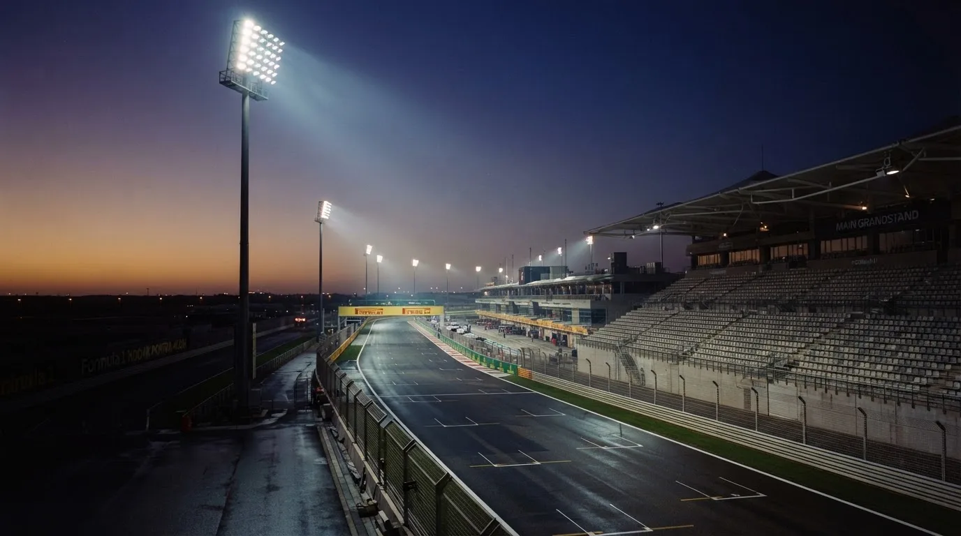 An empty football stadium with floodlight masts at dusk