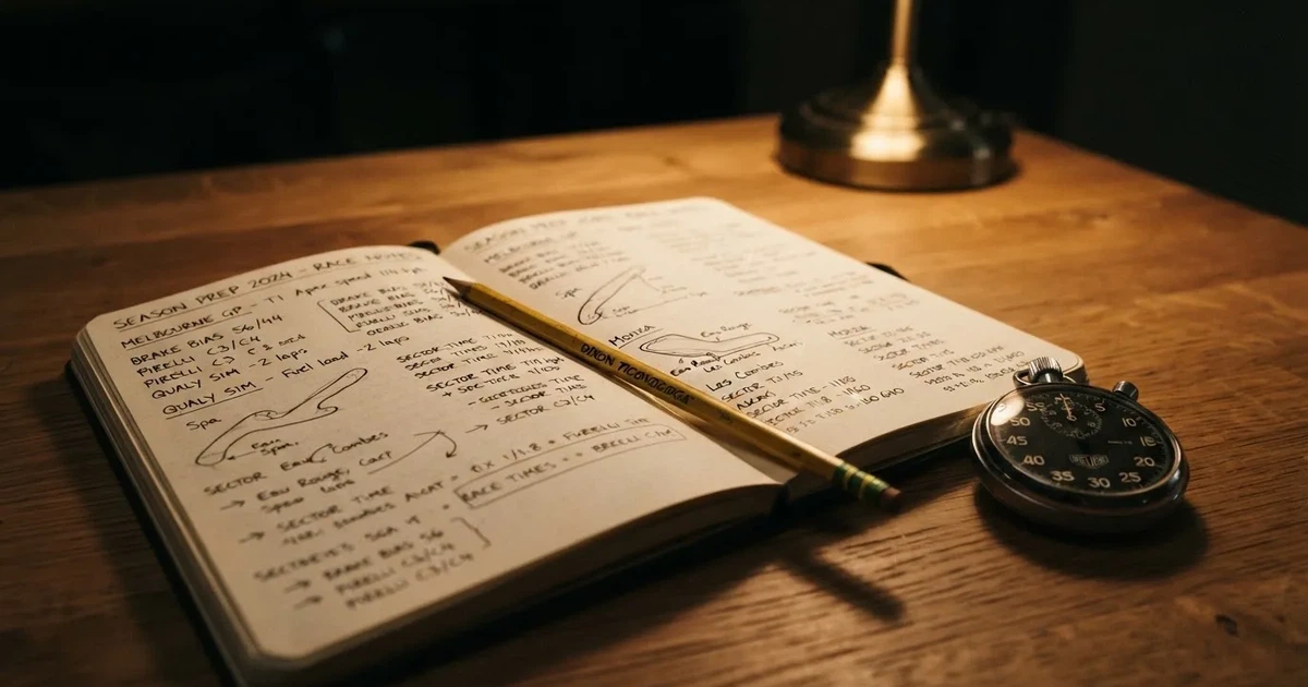 An open notebook with a pencil and a stopwatch on a wooden table