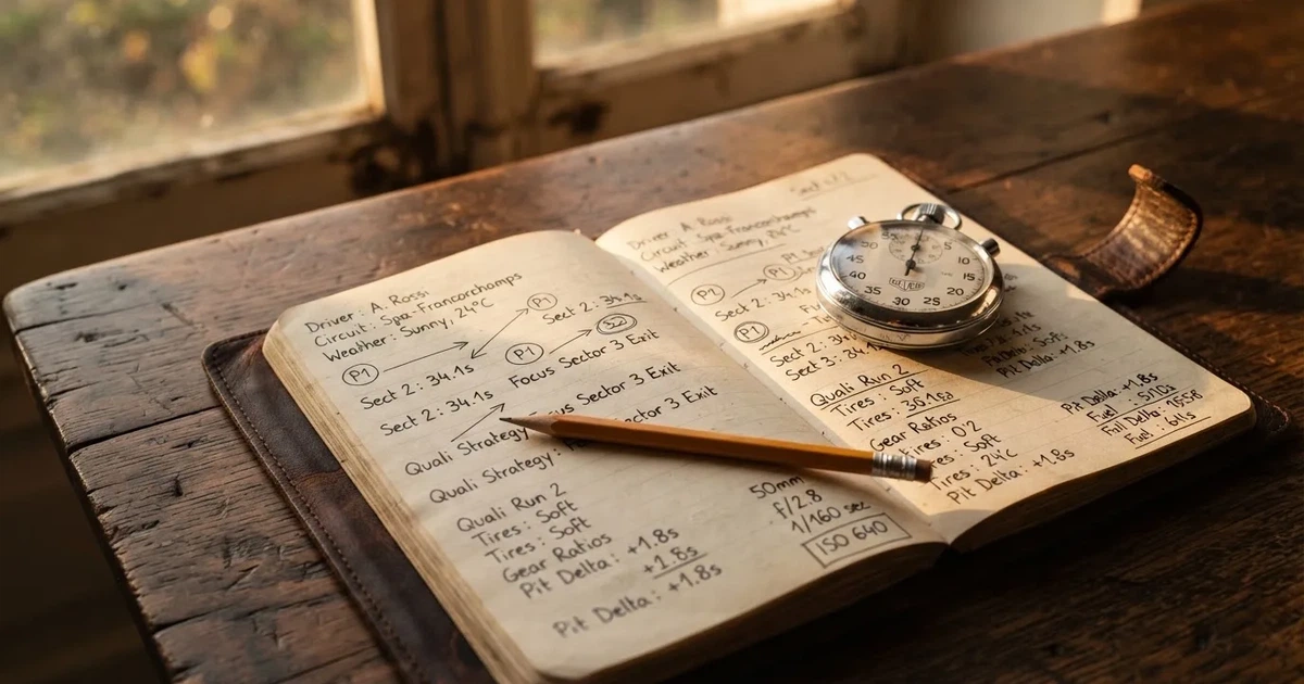 An open notebook with a pencil and a stopwatch on a wooden table