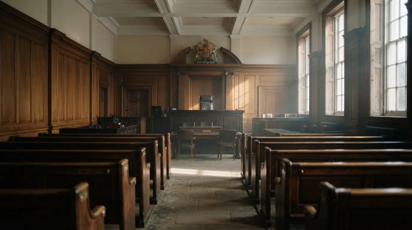 An empty courtroom with wooden benches in morning light