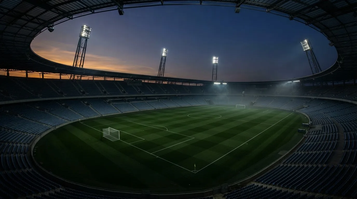 An empty football stadium with floodlight masts at dusk