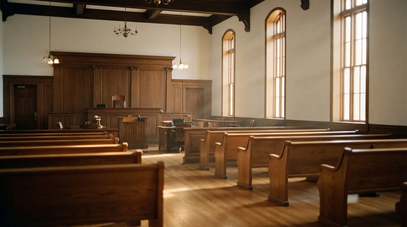 An empty courtroom with wooden benches in morning light