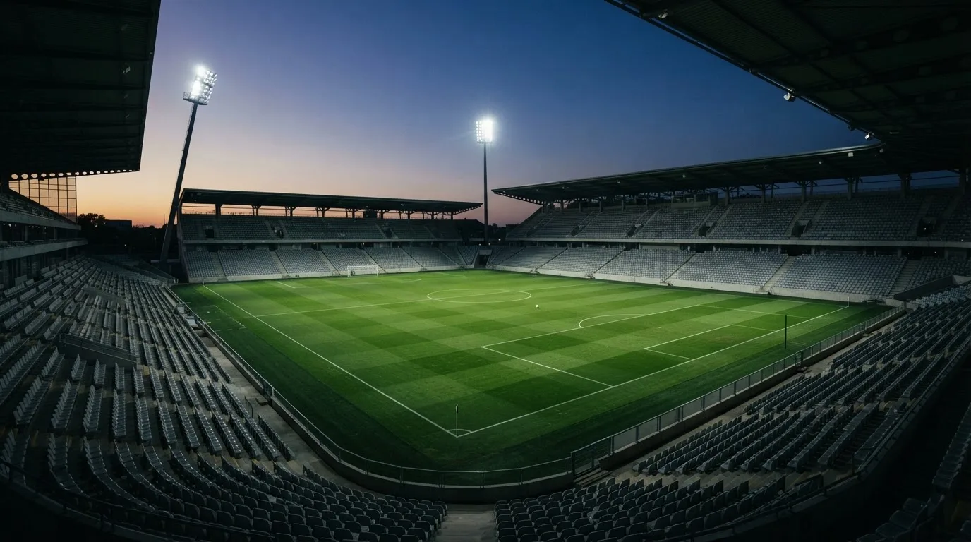 An empty football stadium with floodlight masts at dusk