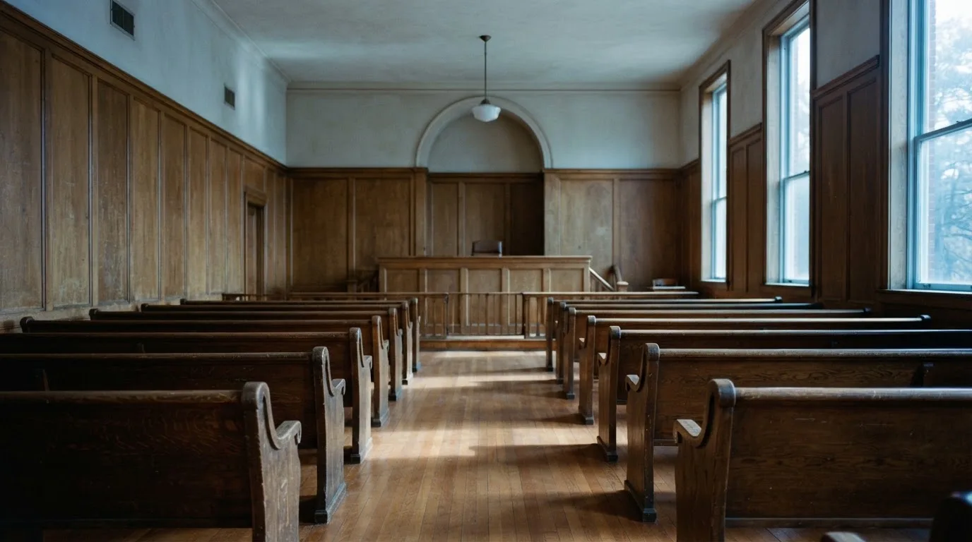An empty courtroom with wooden benches in morning light