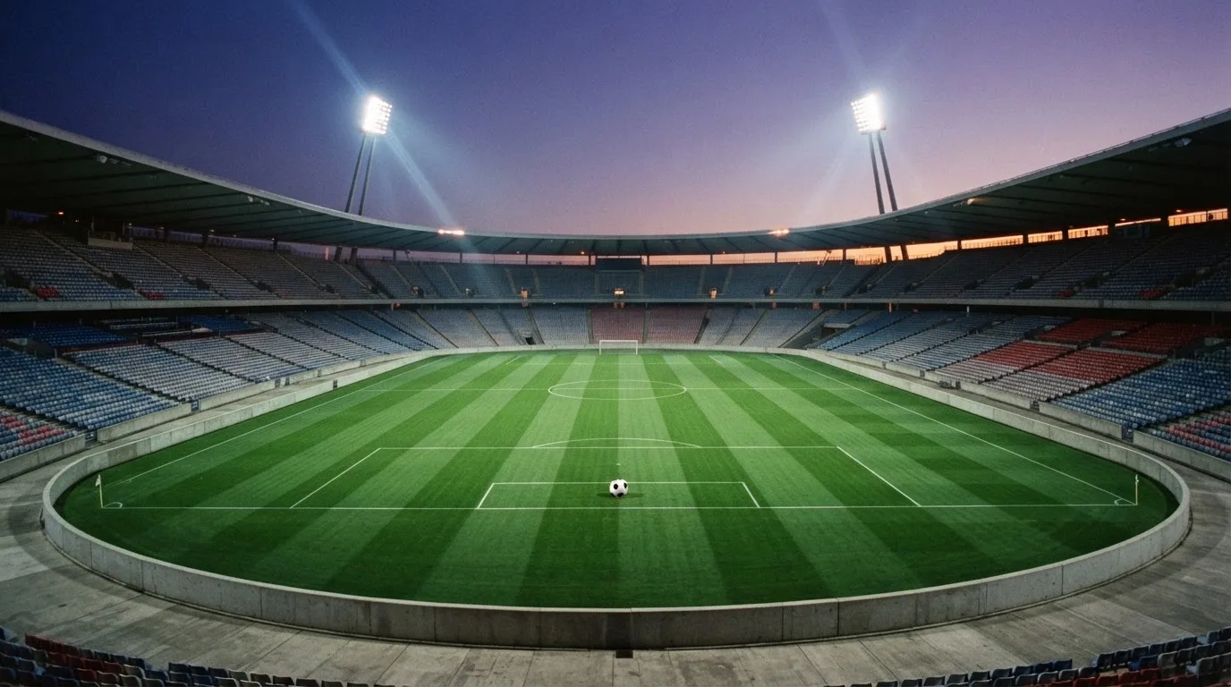 An empty football stadium with floodlight masts at dusk