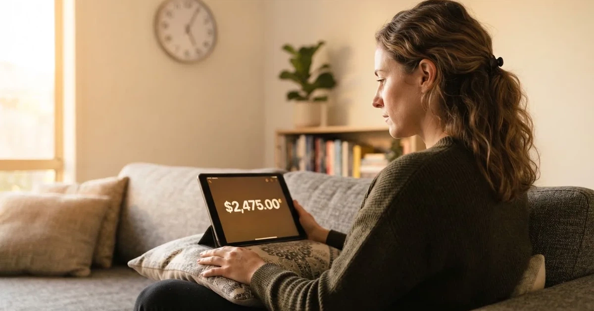 A person on a sofa looking thoughtfully at a tablet, a wall clock in the background