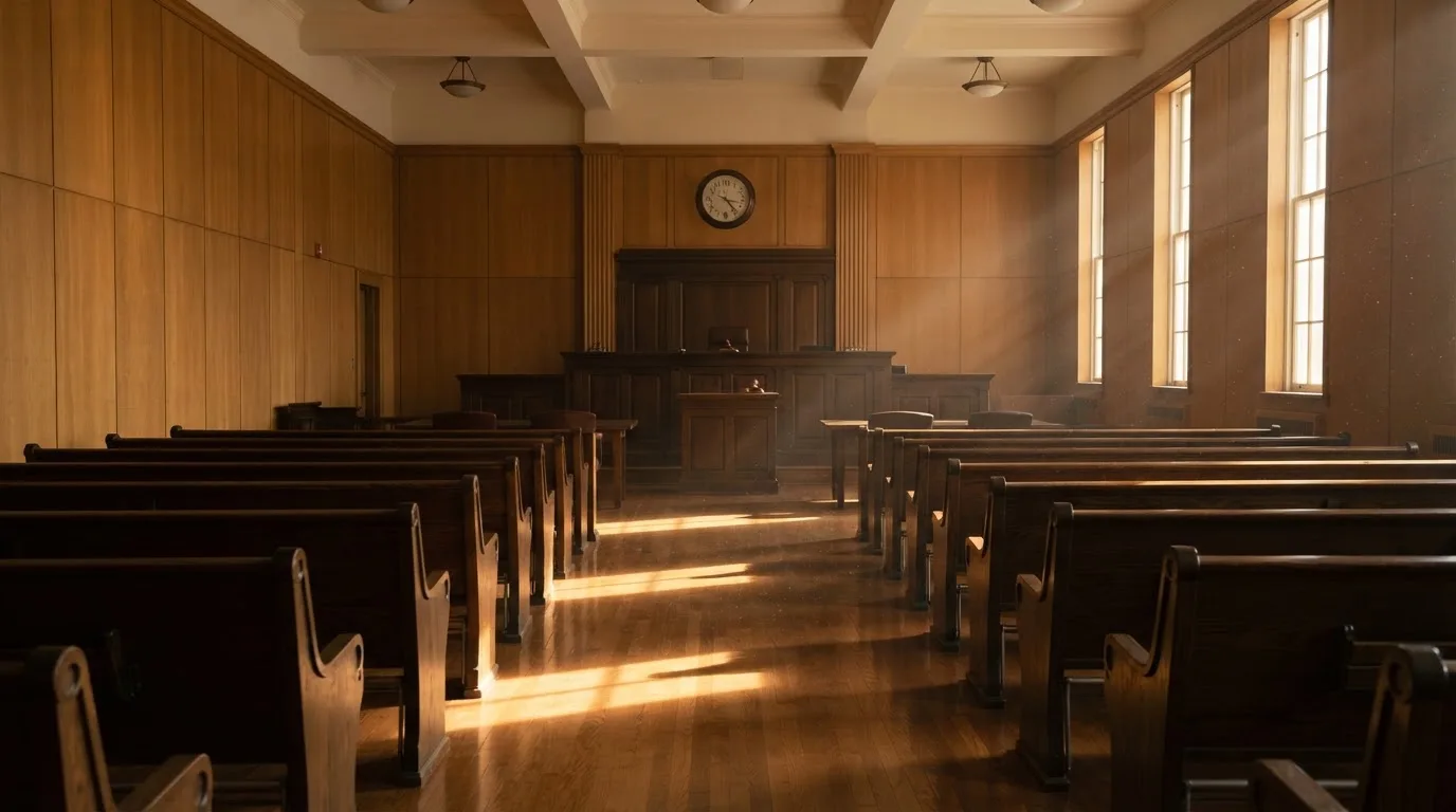 An empty courtroom with wooden benches in morning light