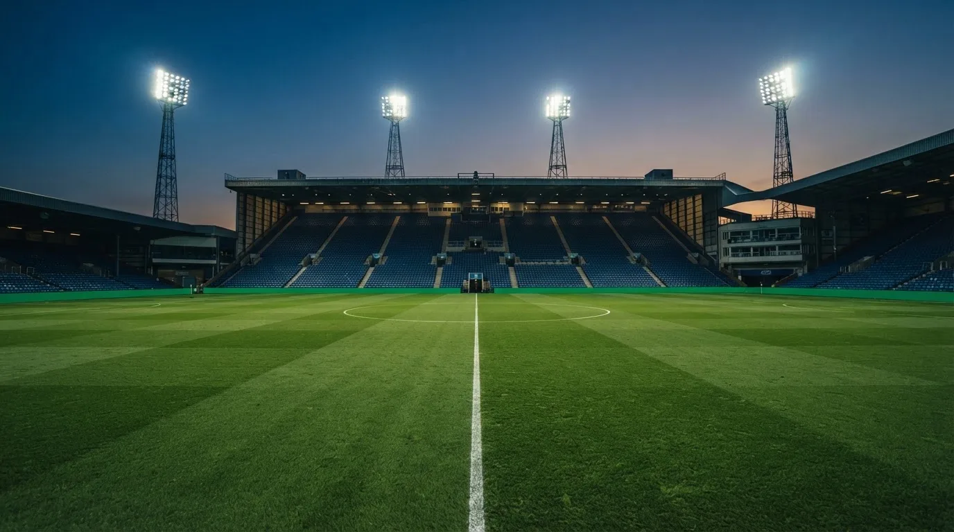 An empty football stadium with floodlight masts at dusk