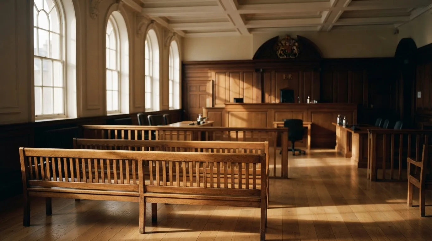 An empty courtroom with wooden benches in morning light