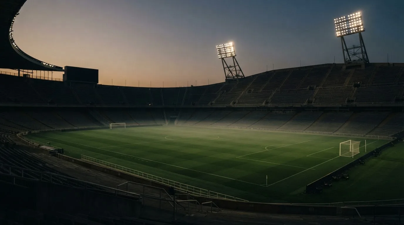 An empty football stadium with floodlight masts at dusk