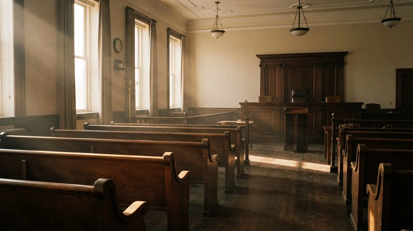 An empty courtroom with wooden benches in morning light