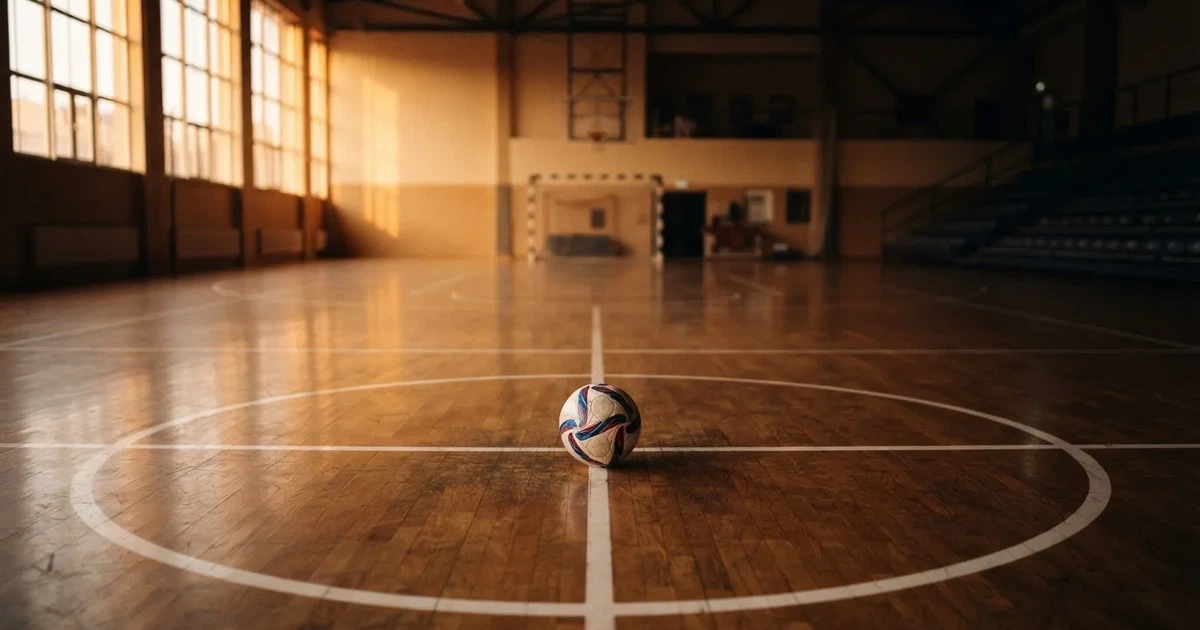A ball on the centre spot of a grass pitch in morning light